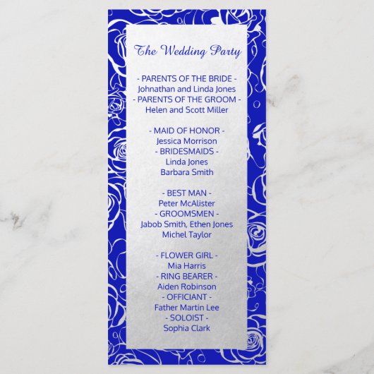 Moderne Zilveren Bloemen op Royal Blue Programmakaart (Achterkant)