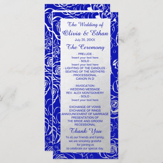 Moderne Zilveren Bloemen op Royal Blue Programmakaart (Voorkant / Achterkant)