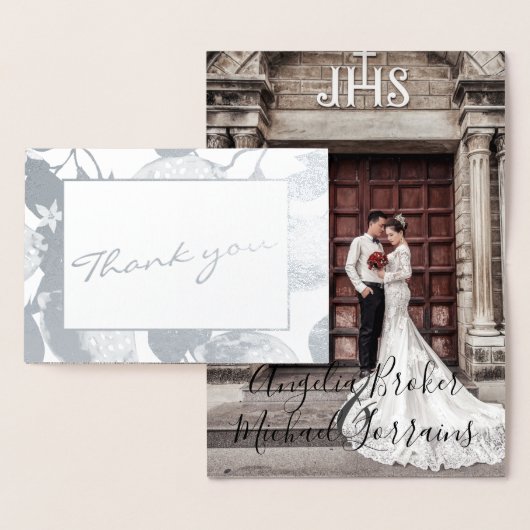 Moderne Zilveren Citroenen & Blad Bruiloftsfoto Ec Folie Kaarten (Display)