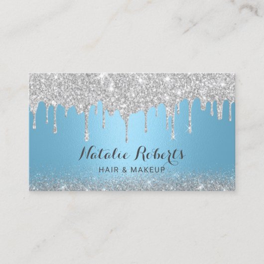 Moderne zilveren druppels blauwe make-up artiest h visitekaartje (Voorkant)