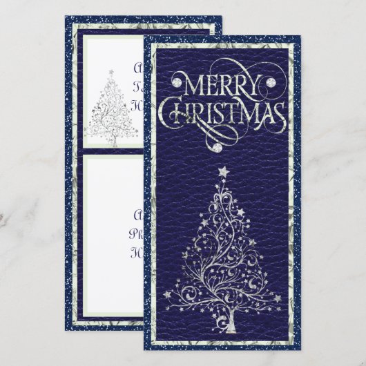 Moderne Zilveren en Blauwe Kerstboom Plat Kaart (Voorkant / Achterkant)