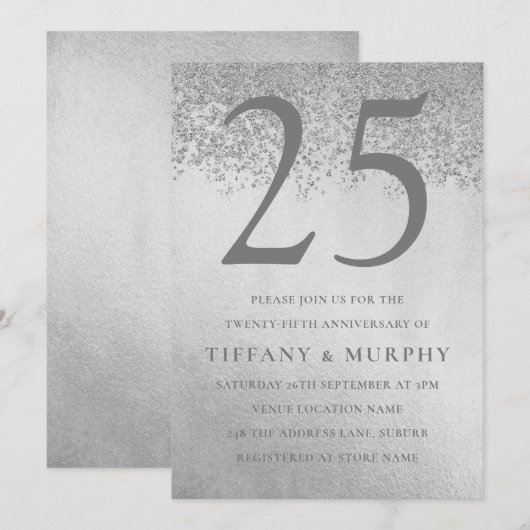 Moderne Zilveren Glitter 25e Trouwdag Kaart (Voorkant / Achterkant)