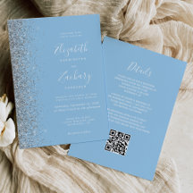 Moderne Zilveren Glitter Baby Blauwe QR Code Huwel