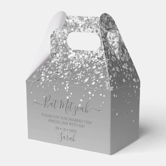 Moderne zilveren glitter Bat Mitzvah Bedankdoosjes (Voorkant Zijde)