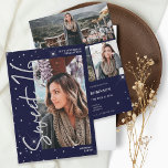 Moderne zilveren glitter blues 4 foto Sweet 16 Kaart<br><div class="desc">Modern Silver Glitter confetti sparkles script navy blue Sweet 16 verjaardagsfeestuitnodiging. Voeg 4 van uw favoriete foto's met een modern geborsteld stijldoopvont en een collage van het fotonet toe.</div>