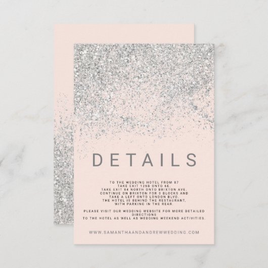 Moderne zilveren glitter blush roze bruiloft detai informatiekaartje (Voorkant / Achterkant)