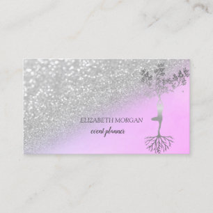 Moderne Zilveren Glitter Bokeh Boom Silhouet Vrouw Visitekaartje