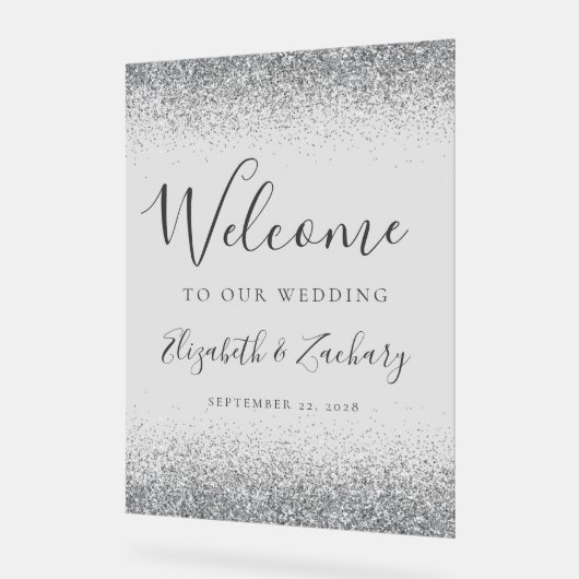 Moderne zilveren glitter Bord grijs bruiloft welko (Hoek)