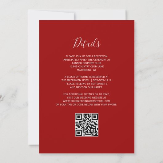 Moderne Zilveren Glitter Crimson Red QR Code Weddi Kaart (Achterkant)