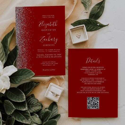Moderne Zilveren Glitter Crimson Red QR Code Weddi Kaart