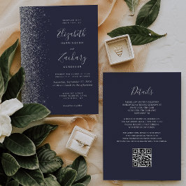 Moderne Zilveren Glitter Donkerblauwe QR Code Huwe Kaart