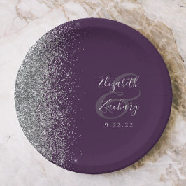 Moderne Zilveren Glitter Donkerpaarse Bruiloft Papieren Bordje