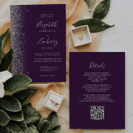 Moderne Zilveren Glitter Donkerpaarse QR Code Huwe Kaart