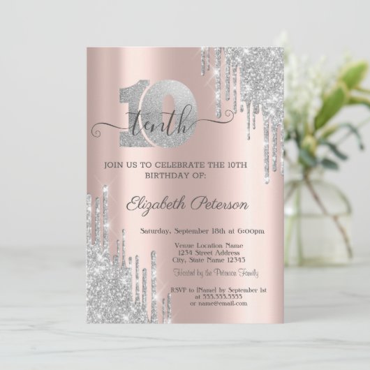 Moderne, zilveren glitter drift 10e verjaardag kaart (Staand voorkant)