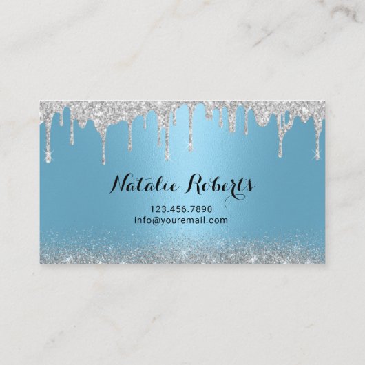 Moderne Zilveren Glitter Drips Blauwe Salon & SPA Afsprakenkaartje (Achterkant)