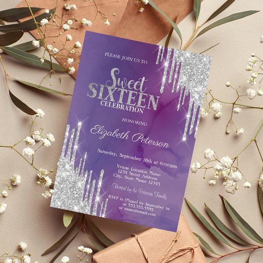 Moderne Zilveren Glitter Drips Paarse Sweet 16 Kaart