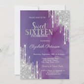 Moderne Zilveren Glitter Drips Paarse Sweet 16 Kaart (Voorkant)