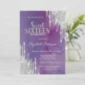 Moderne Zilveren Glitter Drips Paarse Sweet 16 Kaart (Staand voorkant)