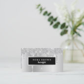 Moderne zilveren glitter druipt haarstylist visitekaartje (Staand voorkant)