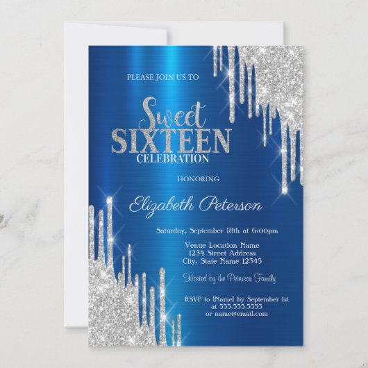 Moderne zilveren glitter druppels metallic blauw z kaart (Voorkant)