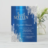 Moderne zilveren glitter druppels metallic blauw z kaart (Staand voorkant)