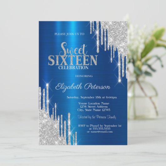 Moderne zilveren glitter druppels metallic blauw z kaart (Staand voorkant)