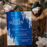 Moderne zilveren glitter druppels metallic blauw z kaart<br><div class="desc">Een moderne,  chique en glamoureuze Sweet 16 met glitterdruppels op een metallic blauwe achtergrond.</div>