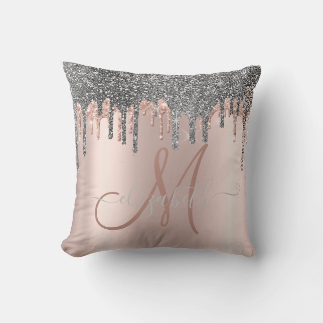Moderne Zilveren Glitter Druppels Roze Goud Monogr Kussen (Voorkant)