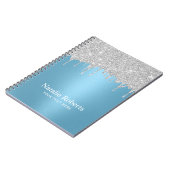 Moderne zilveren glitter druppelt lichtblauw notitieboek (Linkerzijde)