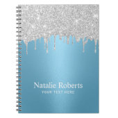 Moderne zilveren glitter druppelt lichtblauw notitieboek (Voorkant)