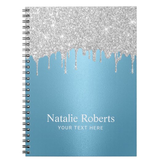 Moderne zilveren glitter druppelt lichtblauw notitieboek (Voorkant)