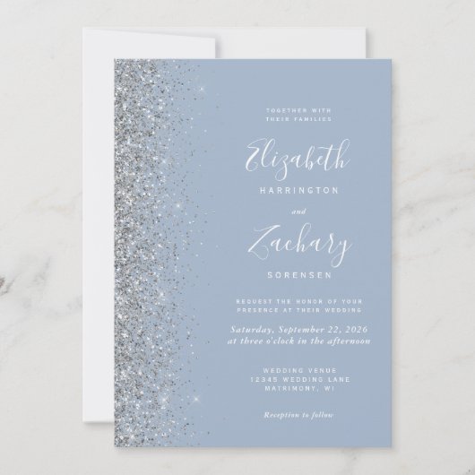 Moderne Zilveren Glitter Dusty Blue QR Code Weddin Kaart (Voorkant)
