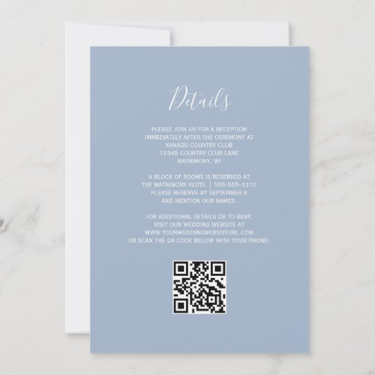 Moderne Zilveren Glitter Dusty Blue QR Code Weddin Kaart (Achterkant)