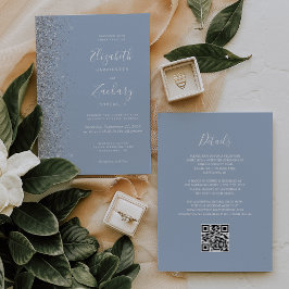 Moderne Zilveren Glitter Dusty Blue QR Code Weddin Kaart