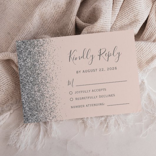 Moderne, zilveren glitter Edge Blush Pink RSVP Kaartje