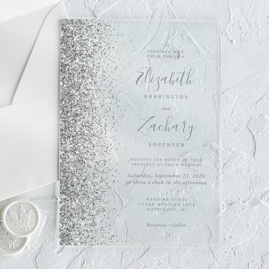 Moderne Zilveren Glitter Edge Wedding Acryl Uitnodigingen