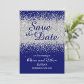 Moderne zilveren glitter en koninklijk blauw save the date (Staand voorkant)