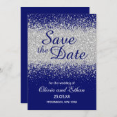 Moderne zilveren glitter en koninklijk blauw save the date (Voorkant / Achterkant)