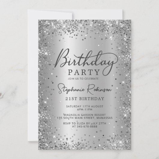 Moderne Zilveren Glitter en Metaal 21e Verjaardag Kaart (Voorkant)