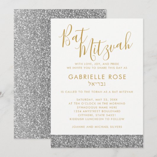 Moderne zilveren glitter gouden vleermuis mitswa u kaart (Voorkant / Achterkant)