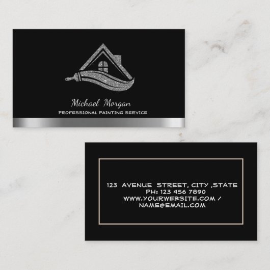 Moderne Zilveren Glitter Huis Dakborstel Zwart Visitekaartje (Voorkant / Achterkant)