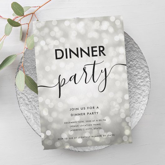 Moderne Zilveren Glitter Lichten Eettafel Feest Kaart