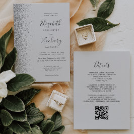 Moderne Zilveren Glitter Lichtgrijze QR Code Huwel Kaart
