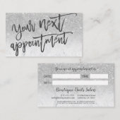 Moderne zilveren glitter marmer script typografie afsprakenkaartje (Voorkant / Achterkant)