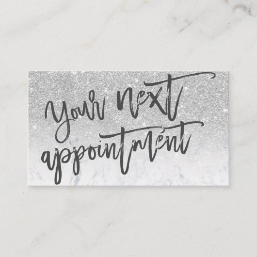 Moderne zilveren glitter marmer script typografie afsprakenkaartje (Voorkant)