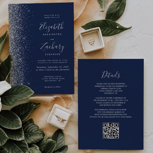 Moderne Zilveren Glitter Navy Blauwe QR Code Trouw Kaart