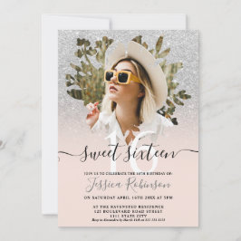 Moderne zilveren glitter ombre foto floral Sweet 1 Kaart