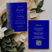 Moderne Zilveren Glitter Royal Blue QR Code Huweli Kaart