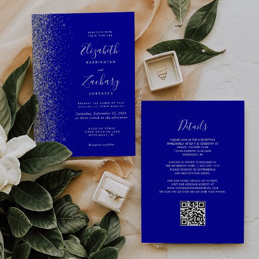 Moderne Zilveren Glitter Royal Blue QR Code Huweli Kaart