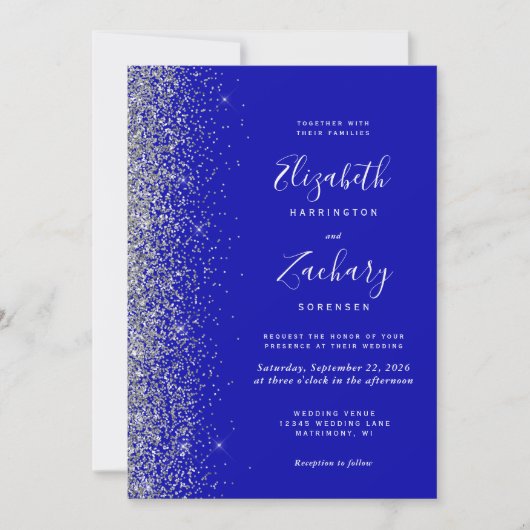 Moderne Zilveren Glitter Royal Blue QR Code Huweli Kaart (Voorkant)